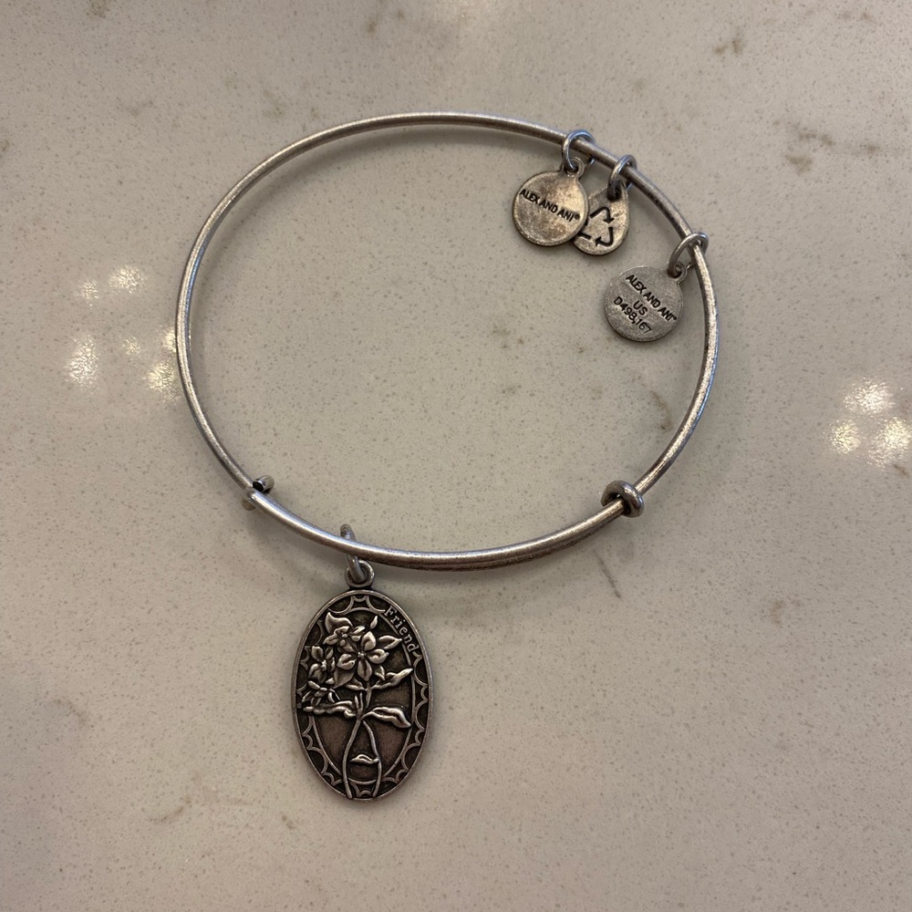 Alex & Ani Flower Bouquet Oval Friend Silver Bangle Stackable Charm Bracelet
